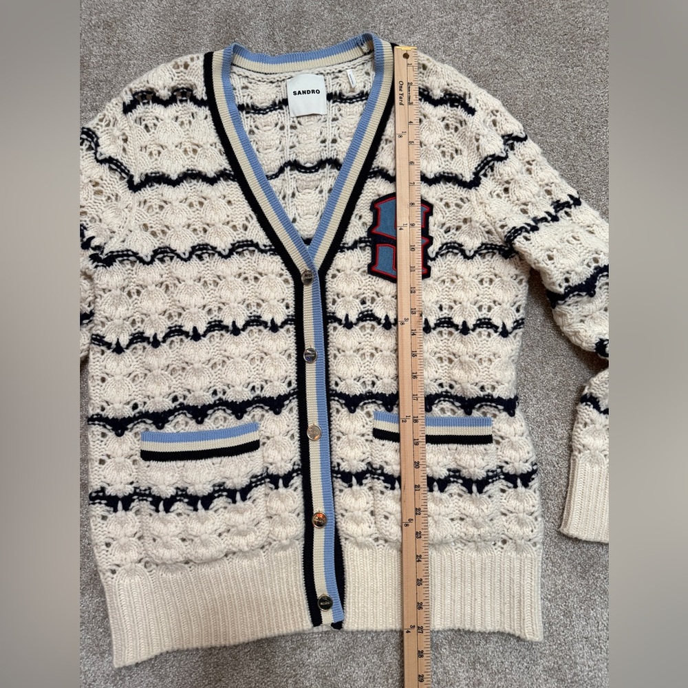 Sandro - Ludvik Cream Crochet Cardigan Sweater w Logo Patch Pocket - size Small - Picture 7 of 14